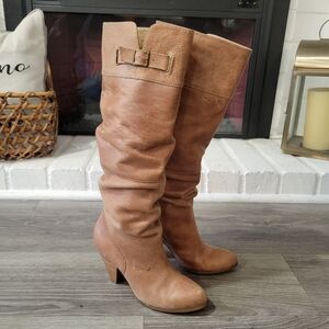 Bohemian Festival Natural Tan leather slouchy knee-high boots with buckle Size 7